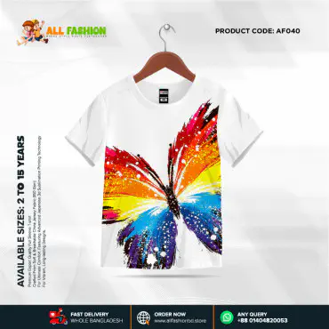  Butterfly White Half-sleeve 3D Sublimation T-shirts For kids- Code: AF49