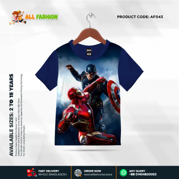Iron Man Vs Captain America Navy Half-sleeve 3D Sublimation T-shirts For kids - AF043