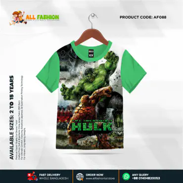 Hulk Light Green Half-sleeve 3D Sublimation T-shirts For kids - Code: AF13