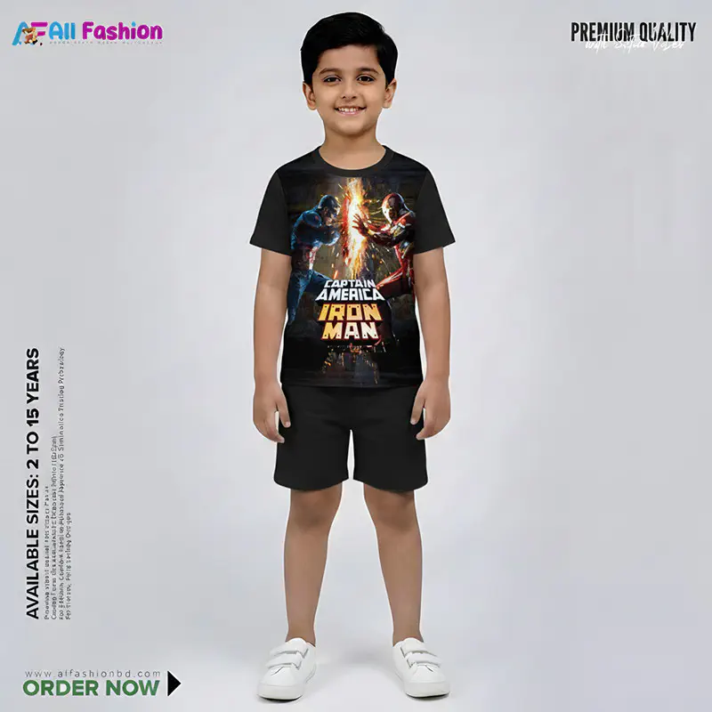 Captain America Ironman Half-sleeve 3D Sublimation T-shirts Set For kids- Code: AF14