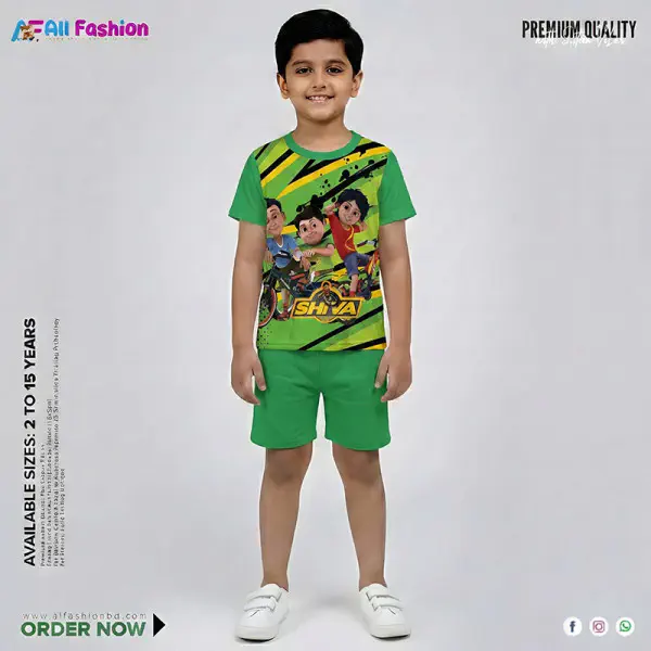 Shiva Light Green Half-sleeve 3D Sublimation T-shirts Set For kids - Code: AF15