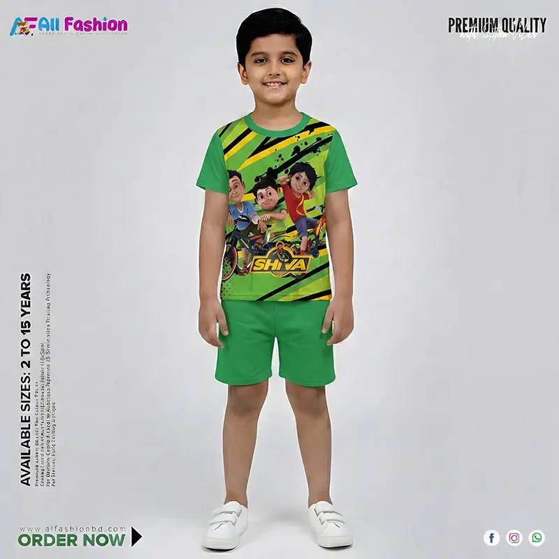 Shiva Light Green Half-sleeve 3D Sublimation T-shirts Set For kids - Code: AF15