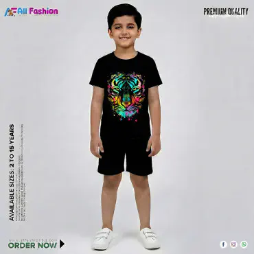Tiger Black Half-sleeve 3D Sublimation T-shirts Set For kids - Code: AF98
