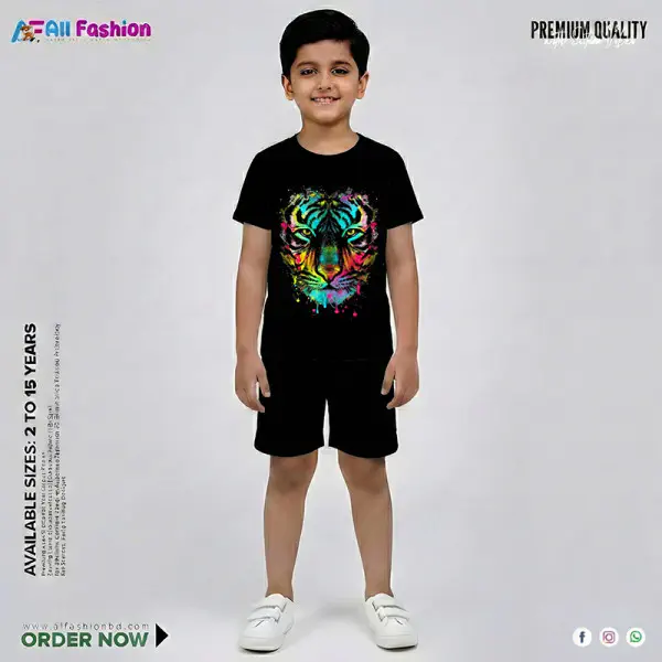 Tiger Black Half-sleeve 3D Sublimation T-shirts Set For kids - Code: AF98
