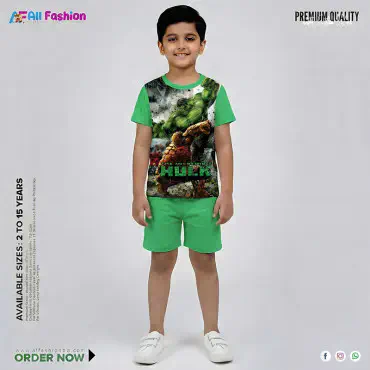 Hulk Light Green Half-sleeve 3D Sublimation T-shirts For kids - Code: AF13