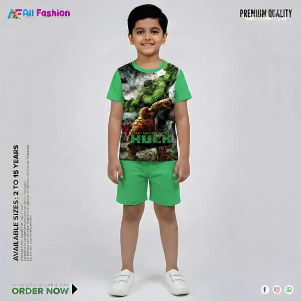 Hulk Light Green Half-sleeve 3D Sublimation T-shirts For kids - Code: AF13