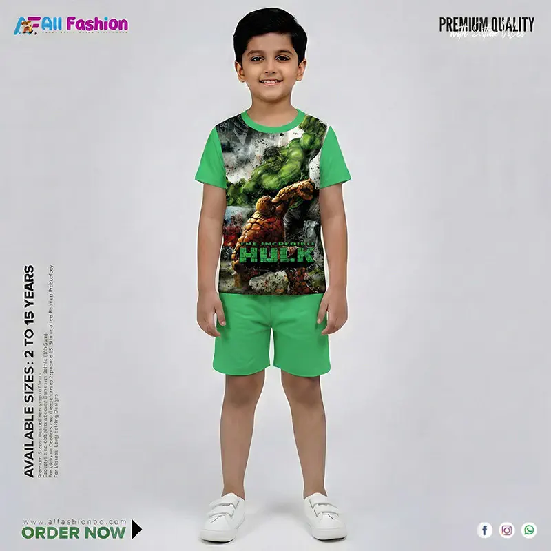 Hulk Light Green Half-sleeve 3D Sublimation T-shirts For kids - Code: AF13