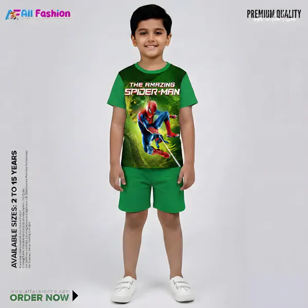 Spaiderman Green Half-sleeve 3D Sublimation T-shirts Set For kids - Code: MB31