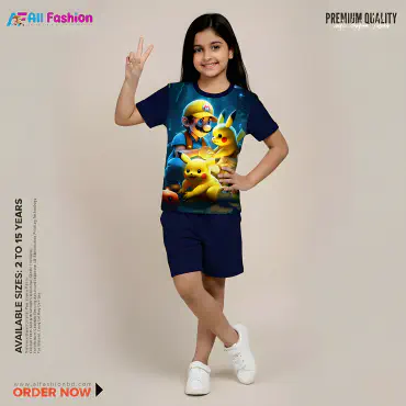 Pokimon Navy Half-sleeve 3D Sublimation T-shirts For kids - Code: AF11