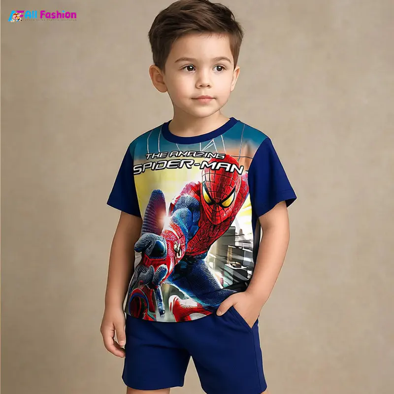 Spaiderman Navy Half-sleeve 3D Sublimation T-shirts Set For kids - AF22