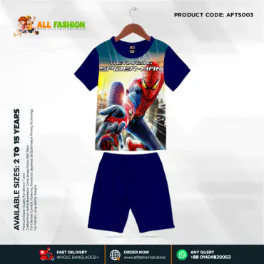 Spaiderman Navy Half-sleeve 3D Sublimation T-shirts Set For kids - AF22