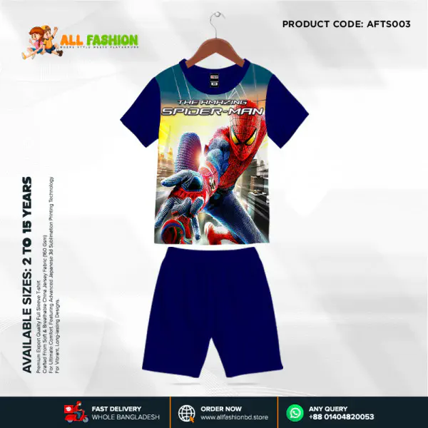 Spaiderman Navy Half-sleeve 3D Sublimation T-shirts Set For kids - AF22