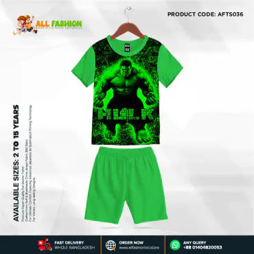 Hulk Deep Green Half-sleeve 3D Sublimation T-shirts Set For kids - AF036