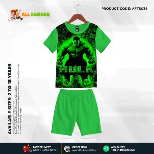 Hulk Deep Green Half-sleeve 3D Sublimation T-shirts Set For kids - AF036