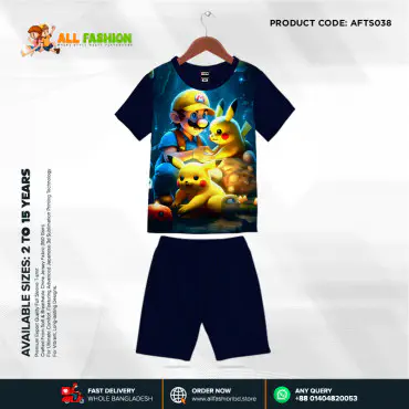 Pokimon Navy Half-sleeve 3D Sublimation T-shirts Set For kids - AF038