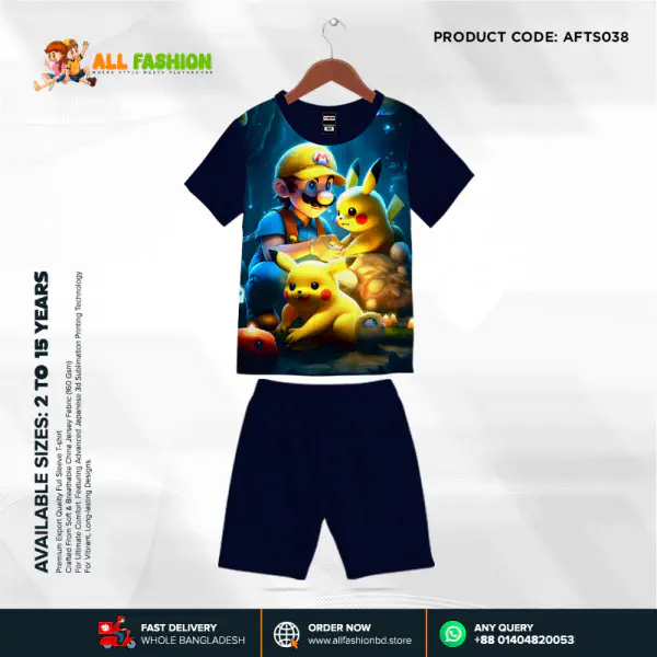 Pokimon Navy Half-sleeve 3D Sublimation T-shirts Set For kids - AF038