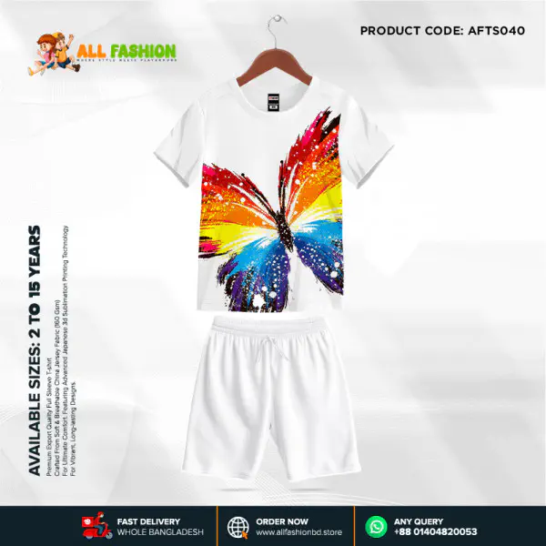   Butterfly White Half-sleeve 3D Sublimation T-shirts Set For kids-AF040  
