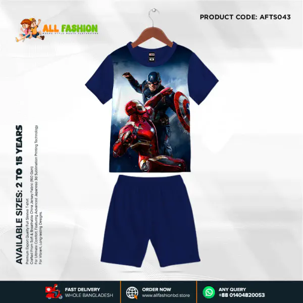Iron Man Vs Captain America Navy Half-sleeve 3D Sublimation T-shirts Set For kids - AF043