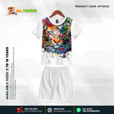 Tiger White Half-sleeve 3D Sublimation T-shirts Set For kids -AF052