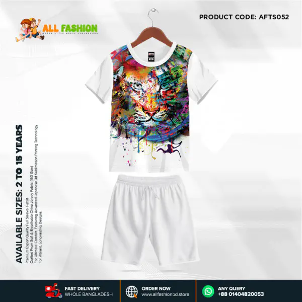 Tiger White Half-sleeve 3D Sublimation T-shirts Set For kids -AF052