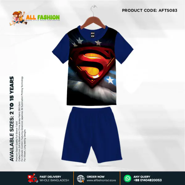 Super-Man Half-sleeve 3D Sublimation T-shirts Set For kids - Code: AF42
