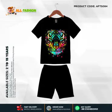 Tiger Black Half-sleeve 3D Sublimation T-shirts Set For kids - Code: AF98