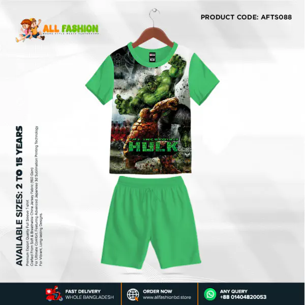 Hulk Light Green Half-sleeve 3D Sublimation T-shirts Set For kids - AF13