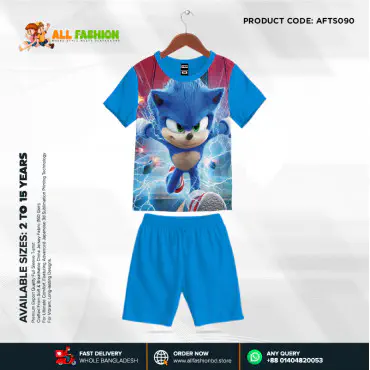 Sonic Blue Half-sleeve 3D Sublimation T-shirts Set For kids - AFTS090