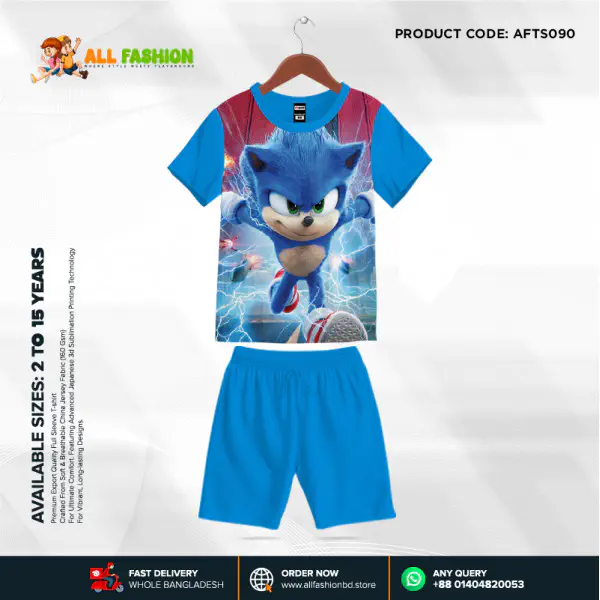 Sonic Blue Half-sleeve 3D Sublimation T-shirts Set For kids - AFTS090