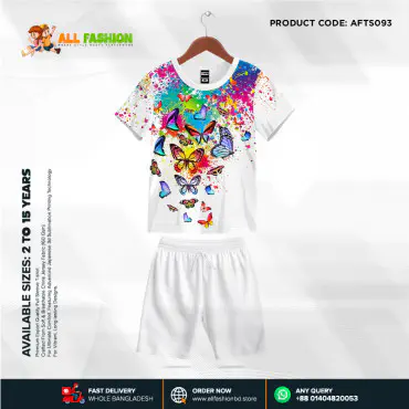 Butter Fly White Half-sleeve 3D Sublimation T-shirts Set For kids - Code: AF48