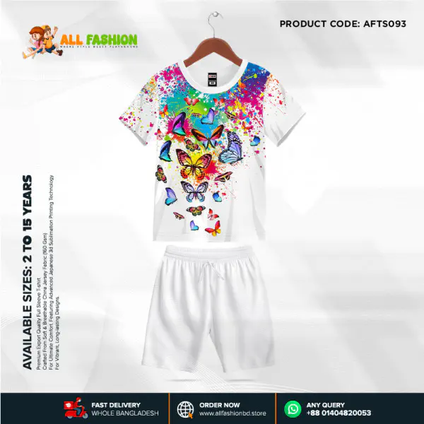 Butter Fly White Half-sleeve 3D Sublimation T-shirts Set For kids - Code: AF48