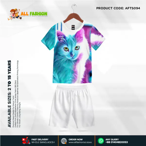 Cat Half-sleeve 3D Sublimation T-shirts Set For kids - AF26