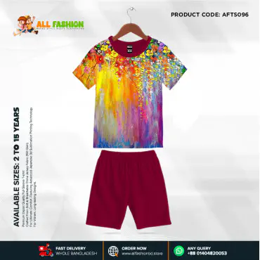 Flower Art Read Half-sleeve 3D Sublimation T-shirts Set For kids - AF20