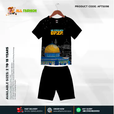 Gaza Black Half-sleeve 3D Sublimation T-shirts Set For kids - AF098
