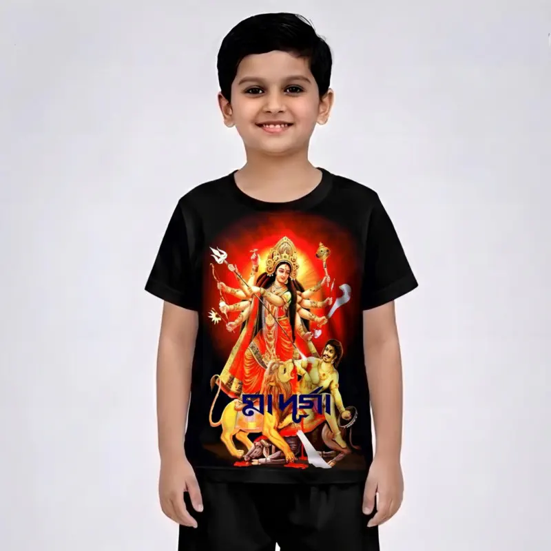 Durga Puja Kids black Front Part Half Sleeve Sublimation Print T- Shirt