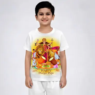 HAPPY DURGA PUJA WHITE   KIDS 3D T-SHIRT HALF SLEEVE (SUBLIMATION)AFP004