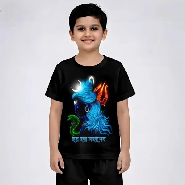 Durga Puja Hor Hor Mohadev Kids Black Front Part Half Sleeve Sublimation Print T- Shirt