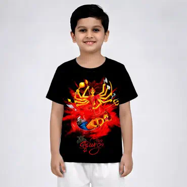 MA DURGA PUJA BLACK  KIDS 3D T-SHIRT HALF SLEEVE (SUBLIMATION)AF001