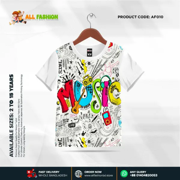 Music White Half-sleeve 3D Sublimation T-shirts For kids - AF010