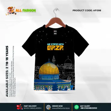 Gaza Black Half-sleeve 3D Sublimation T-shirts For kids - Code: AF04