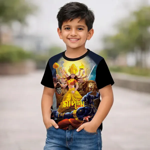 DURGA PUJA SPECIAL BLACK KIDS 3D T-SHIRT- AKP06)
