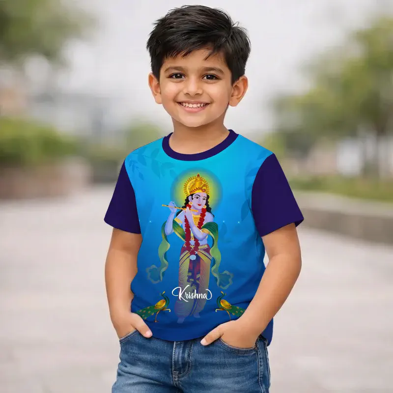 DURGA PUJA SPECIAL KRISHNA NAVY BLUE KIDS 3D T-SHIRT -AKP03