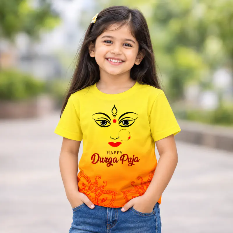 DURGA PUJA SPECIAL YELLOW KIDS 3D T-SHIRT-AKP02