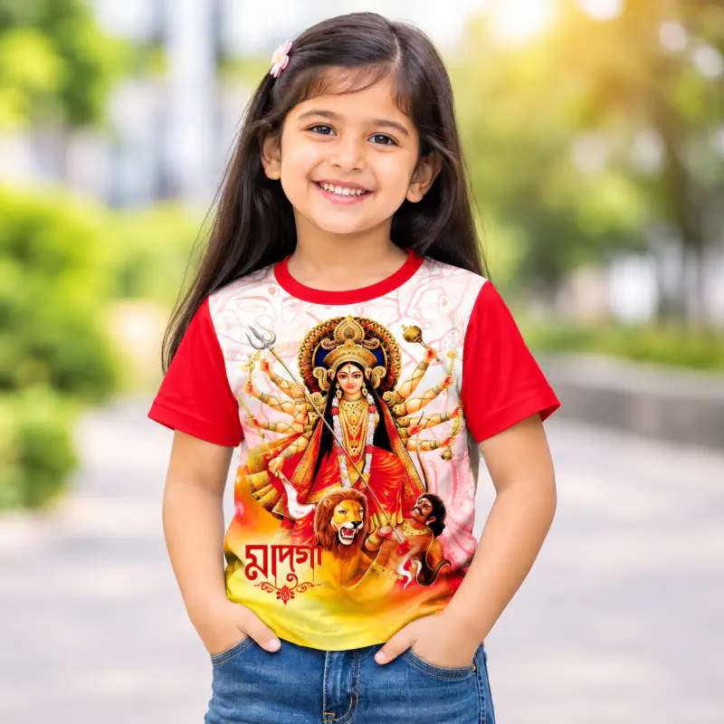 DURGA PUJA SPECIAL RED WHITE KIDS 3D T-SHIRT-AKP08