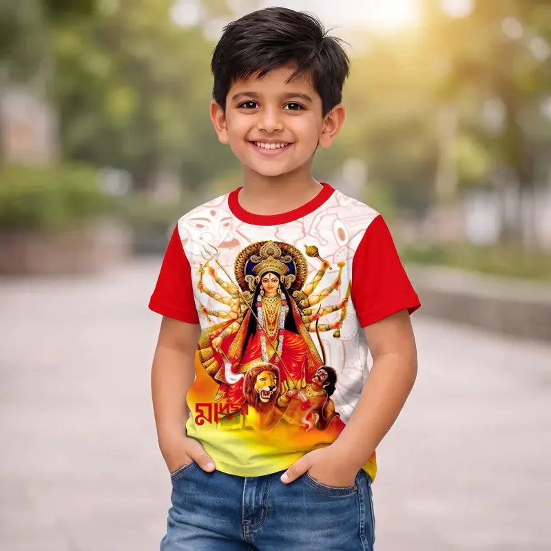 DURGA PUJA SPECIAL RED WHITE KIDS 3D T-SHIRT-AKP08