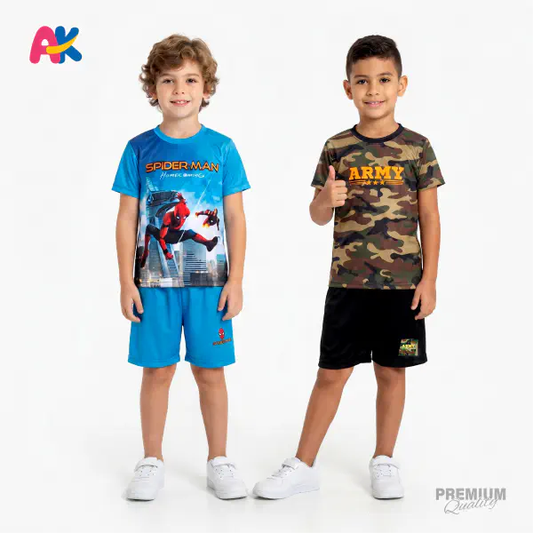 Spiderman & Army 3D Printed T-Shirt and Shorts 2 Sets Combo for Kids
