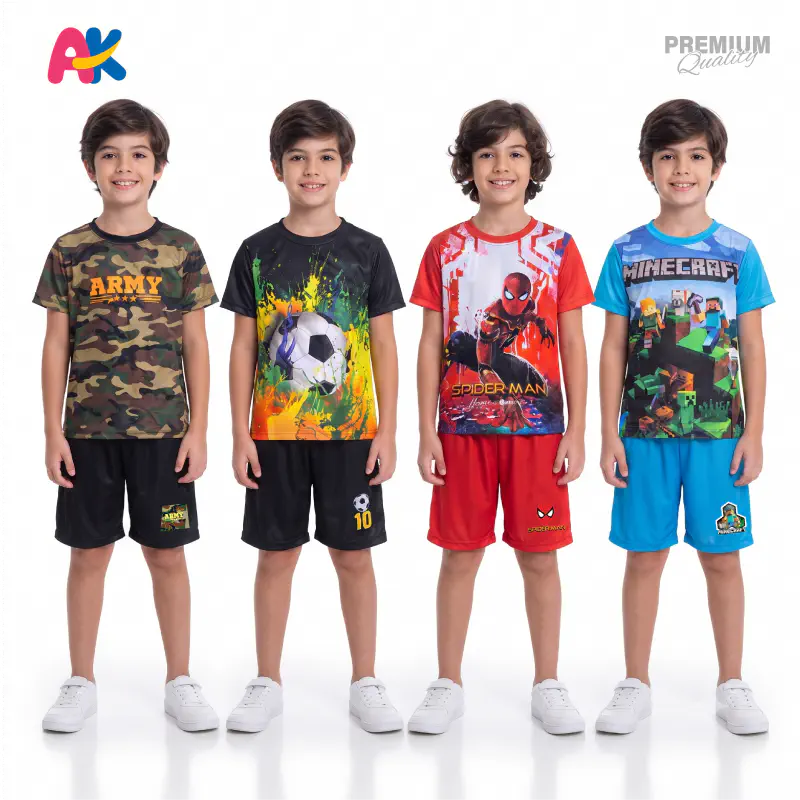 Army, Football, Spiderman Red & Minecraft 3D T-Shirt and Shorts 4 Sets Combo for Kids