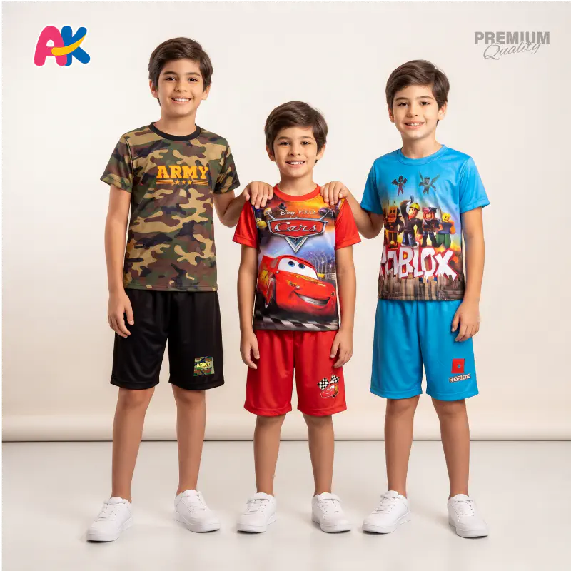 Army, Cars 95 & Roblox 3D Printed T-Shirt and Shorts 3 Sets Combo for Kids