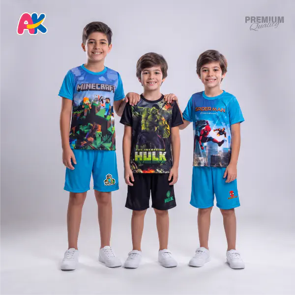 Hulk, Minecraft & Spiderman Blue 3D Printed T-Shirt and Shorts 3 Sets Combo for Kids