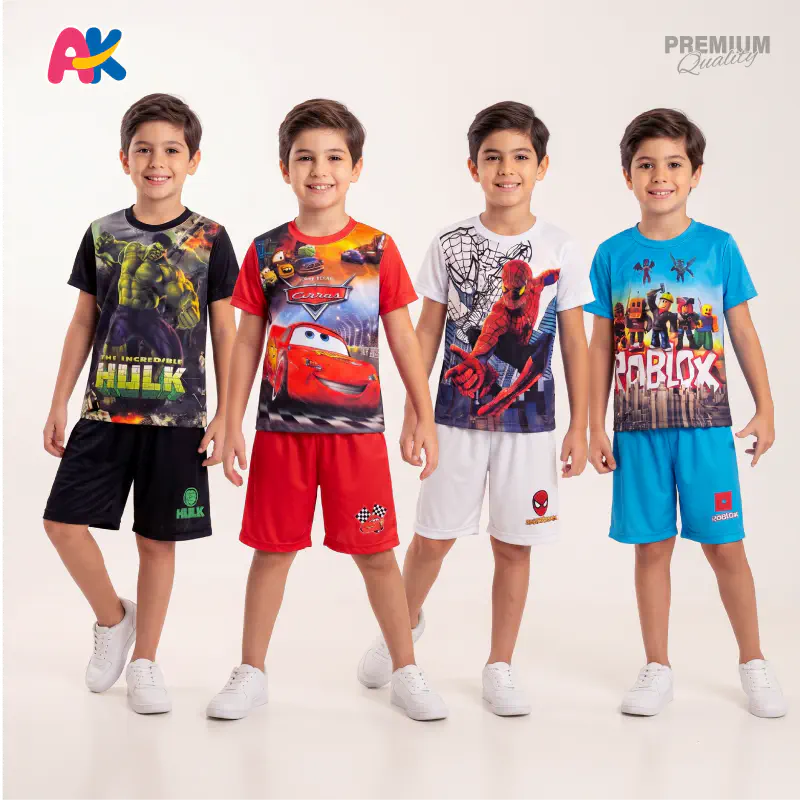 Hulk, Cars 95, Spiderman White & Roblox 3D T-Shirt and Shorts 4 Sets Combo for Kids